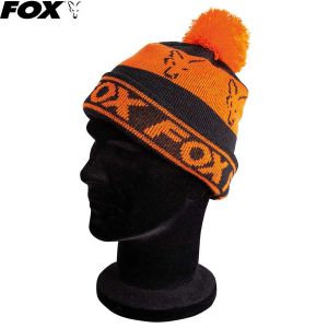 Fox Black / Orange Lined Bobble kötött bojtos sapka